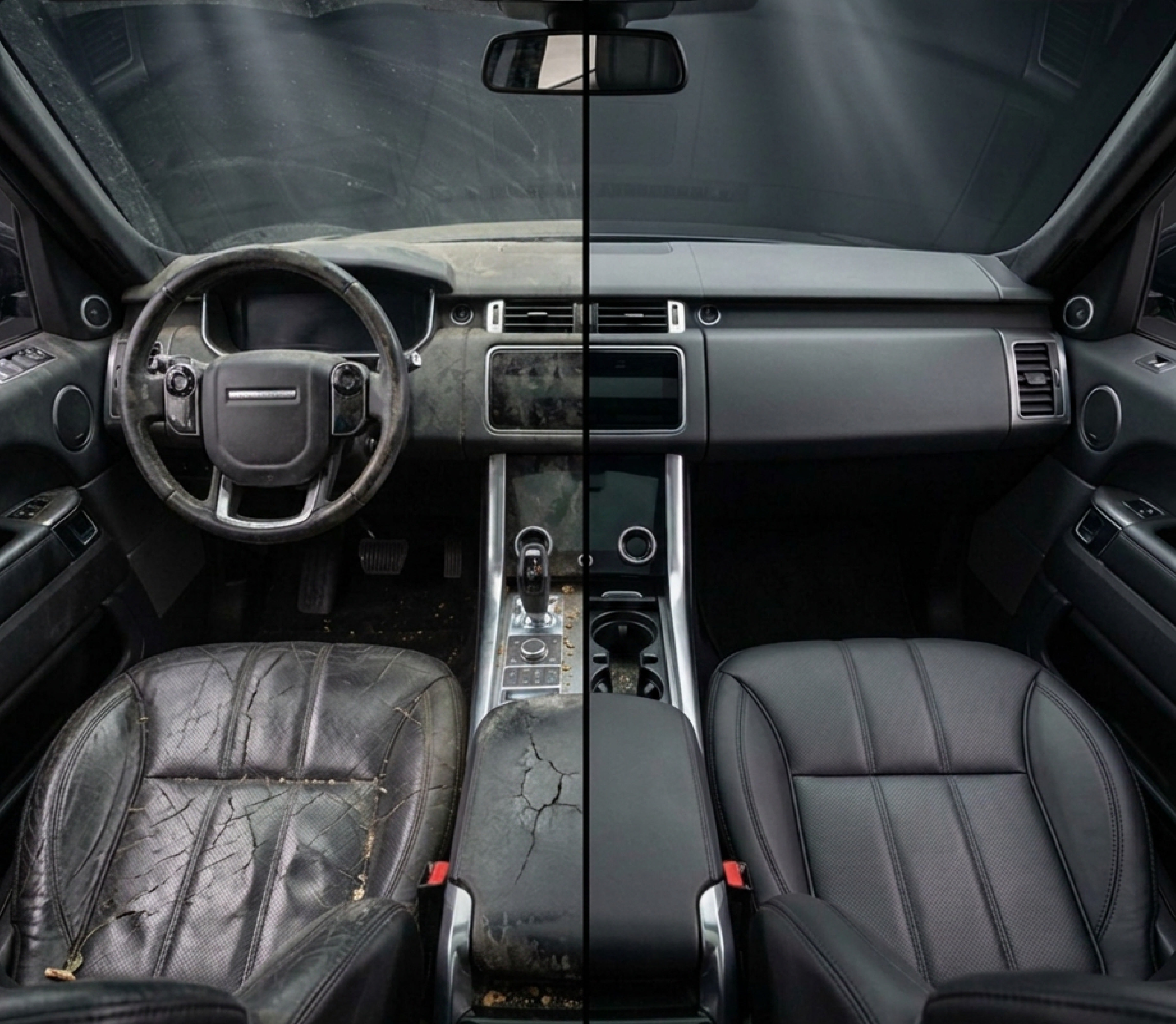 Interior de un auto antes y después de un detailing completo: cuero agrietado y sucio a la izquierda, cuero e interior restaurado a la derecha